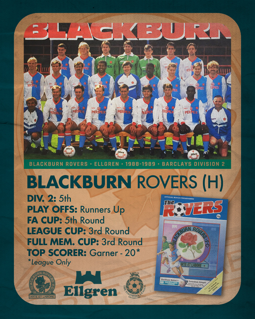 Blackburn Rovers Home Football Shirt (H) | 1988-1989 | Ellgren | Men's | M 36"