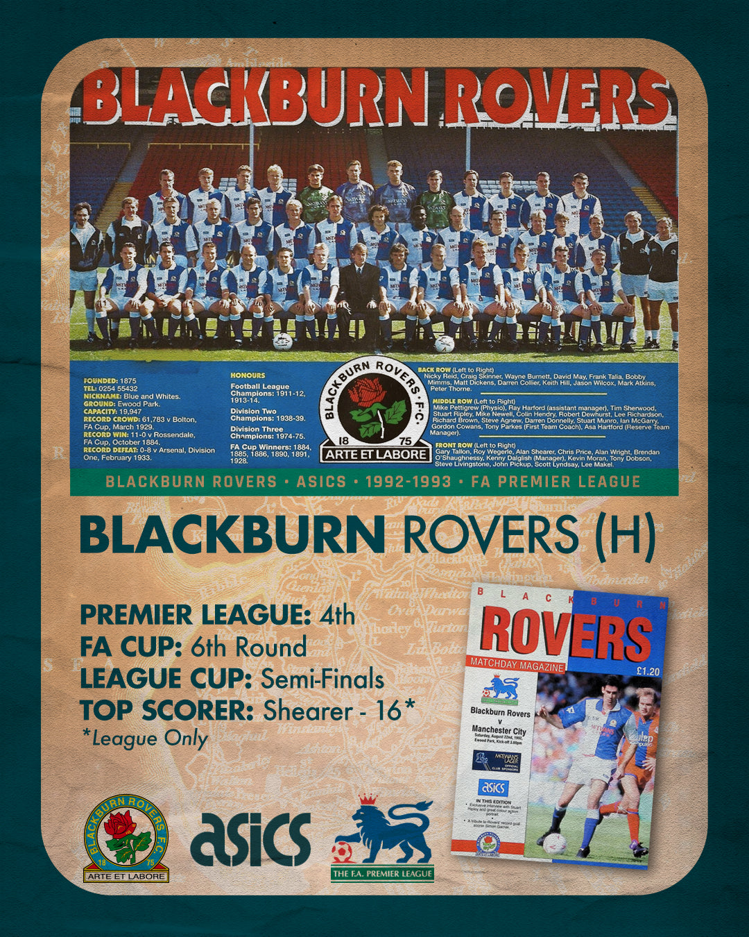 Blackburn Rovers Home Football Shirt (H) | 1992-1993 | Asics | Men's | M 40"