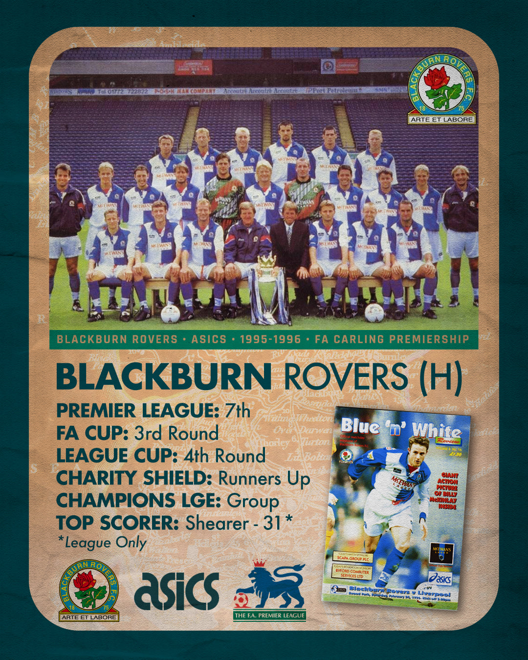 Blackburn Rovers Home Football Shirt (H) | 1995-1996 | Asics | Men's | M 40"