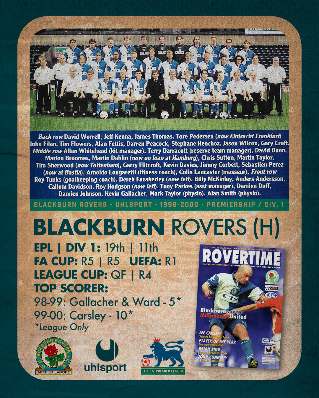 Blackburn Rovers Home Football Shirt (H) | 1998-2000 | Uhlsport | Men's | M 40"